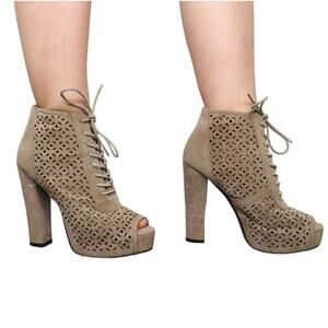 UO  Taupe Suede Lace Up Peep Toe Chunky Ankle Boots Heel Bootie 7.5